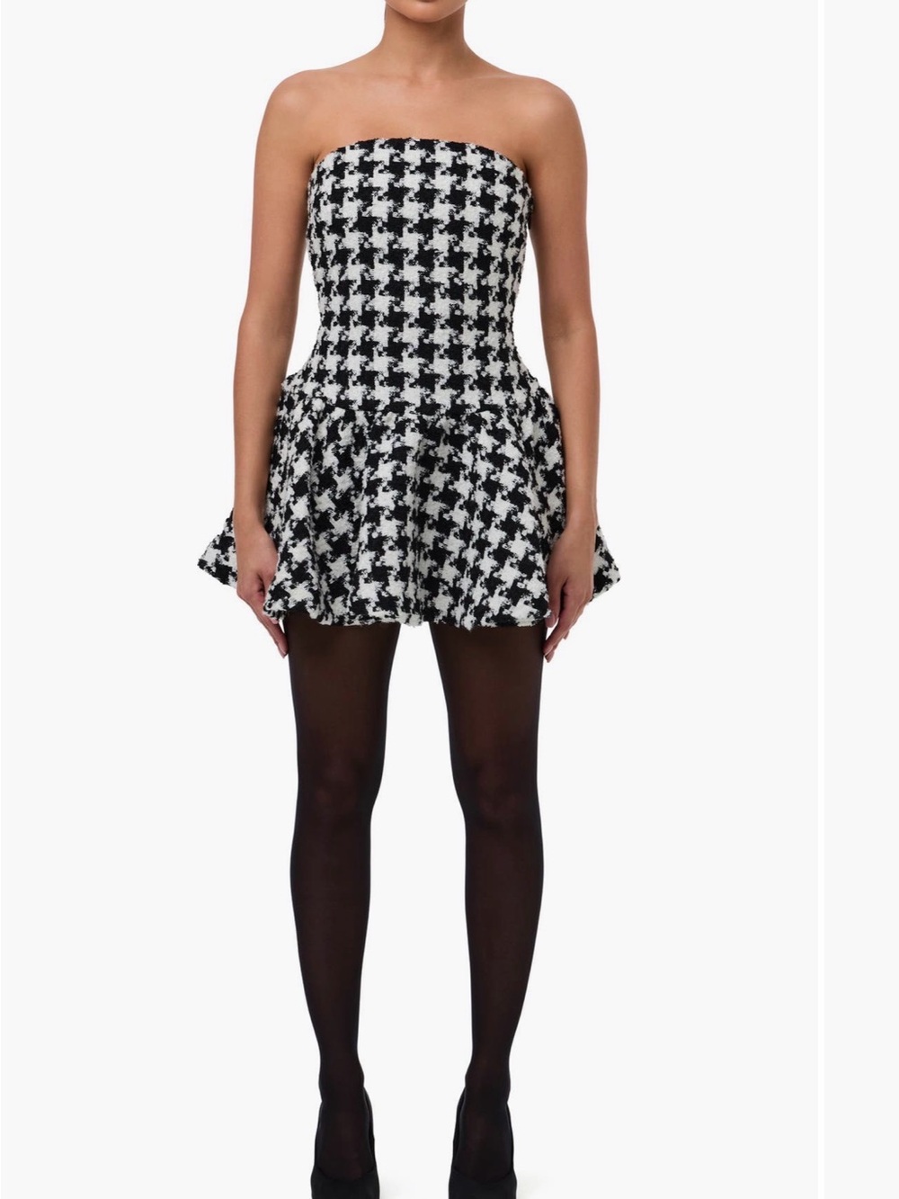 Strapless Houndstooth Peplum Mini Dress - Black & White